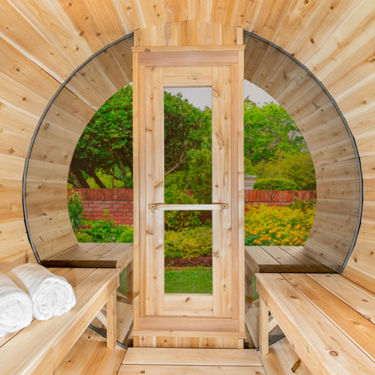 MP Tranquility Barrel Sauna (CTC2345MPE) — Eastern White Cedar Outdoor Barrel Sauna with 45 cm Porch, HUUM Hive 9 kW Wi‑Fi Heater & Saunalumin Double Bench Lights (360 ft³)