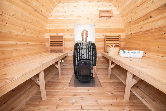 CT Elation Barrel Sauna (CTC2424E) — Eastern White Cedar Outdoor Barrel Sauna Kit with Flat Wood Floor, HUUM Hive 9 kW Wi‑Fi Heater & Saunalumin Double Bench Light (277 ft³)