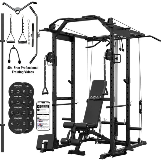 Power Cage, Squat Rack with Dual Pulley Cable Crossover System, Multifunction Free Weight Home Gym Workout Machine with Attachments Black
