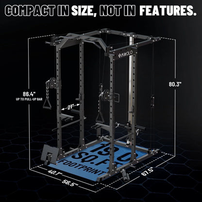 Power Cage, Squat Rack with Dual Pulley Cable Crossover System, Multifunction Free Weight Home Gym Workout Machine with Attachments Black