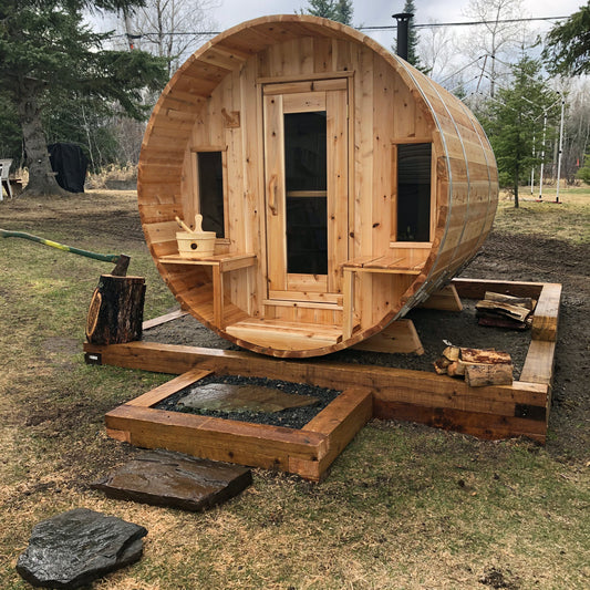 CT Tranquility Barrel Sauna (CTC2345E) — Eastern White Cedar Outdoor Barrel Sauna with 45 cm Porch, HUUM Hive 6 kW Wi‑Fi Heater & Saunalumin Double Bench Lights (360 ft³)