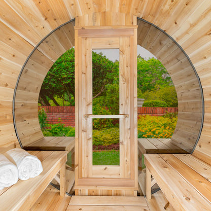 CT Serenity MP Barrel Sauna (CTC2245MPE) — Eastern White Cedar Outdoor Barrel Sauna, 285 ft³, Seats 3–4 | HUUM Hive 6 kW Wi‑Fi Heater & Saunalumin Double Bench Lights