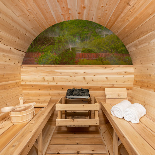 CT Serenity MP Barrel Sauna (CTC2245MPE) — Eastern White Cedar Outdoor Barrel Sauna, 285 ft³, Seats 3–4 | HUUM Hive 6 kW Wi‑Fi Heater & Saunalumin Double Bench Lights