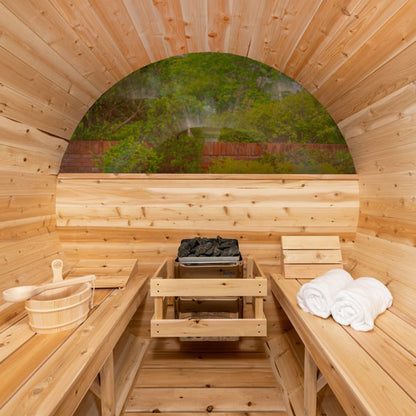 CT Serenity MP Barrel Sauna (CTC2245MPE) — Eastern White Cedar Outdoor Barrel Sauna, 285 ft³, Seats 3–4 | HUUM Hive 6 kW Wi‑Fi Heater & Saunalumin Double Bench Lights