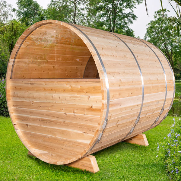 CT Serenity MP Barrel Sauna (CTC2245MPE) — Eastern White Cedar Outdoor Barrel Sauna, 285 ft³, Seats 3–4 | HUUM Hive 6 kW Wi‑Fi Heater & Saunalumin Double Bench Lights