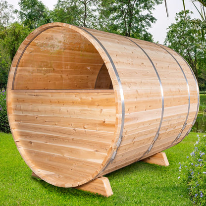 CT Serenity MP Barrel Sauna (CTC2245MPE) — Eastern White Cedar Outdoor Barrel Sauna, 285 ft³, Seats 3–4 | HUUM Hive 6 kW Wi‑Fi Heater & Saunalumin Double Bench Lights