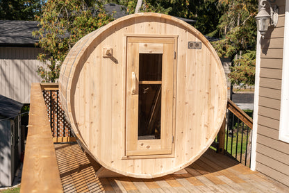 CT Harmony Barrel Sauna (CTC22E)- Eastern White Cedar Outdoor Barrel Sauna Kit with Flat Wood Floor, HUUM Hive 6 kW Wi‑Fi Heater & Saunalumin Double Bench Light- 235 ft³