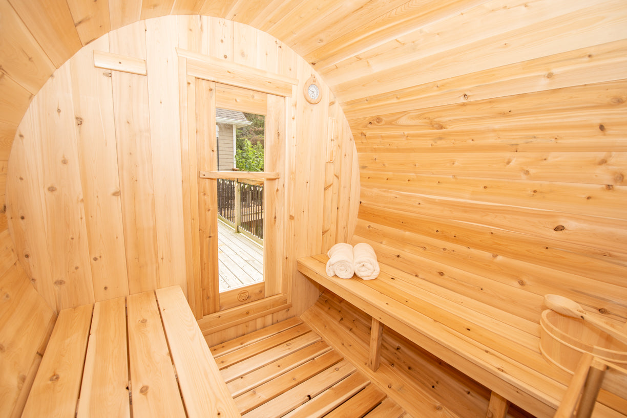 CT Harmony Barrel Sauna (CTC22E)- Eastern White Cedar Outdoor Barrel Sauna Kit with Flat Wood Floor, HUUM Hive 6 kW Wi‑Fi Heater & Saunalumin Double Bench Light- 235 ft³
