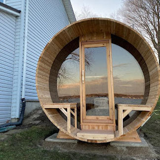 MP Tranquility Barrel Sauna (CTC2345MPE) — Eastern White Cedar Outdoor Barrel Sauna with 45 cm Porch, HUUM Hive 9 kW Wi‑Fi Heater & Saunalumin Double Bench Lights (360 ft³)