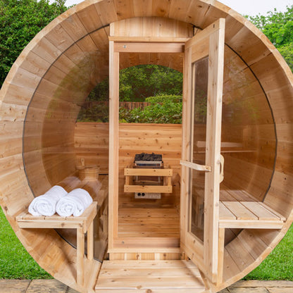 MP Tranquility Barrel Sauna (CTC2345MPE) — Eastern White Cedar Outdoor Barrel Sauna with 45 cm Porch, HUUM Hive 9 kW Wi‑Fi Heater & Saunalumin Double Bench Lights (360 ft³)