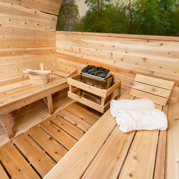 MP Tranquility Barrel Sauna (CTC2345MPE) — Eastern White Cedar Outdoor Barrel Sauna with 45 cm Porch, HUUM Hive 9 kW Wi‑Fi Heater & Saunalumin Double Bench Lights (360 ft³)