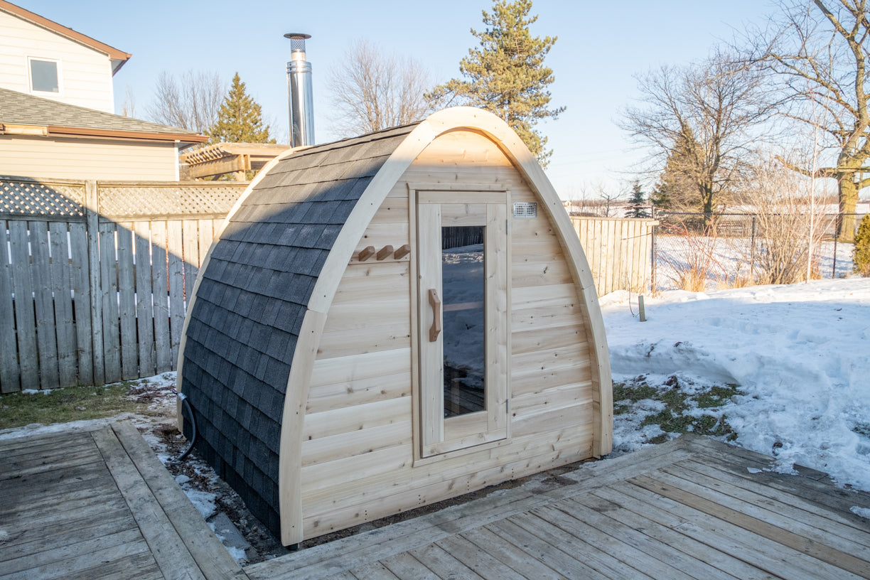 CT MiniPOD Sauna (CTC77ME)- Eastern White Cedar Outdoor Barrel Sauna Kit with Flat Wood Floor, HUUM Hive 6 kW Wi‑Fi Heater & Saunalumin Double Bench Light- 264 ft³