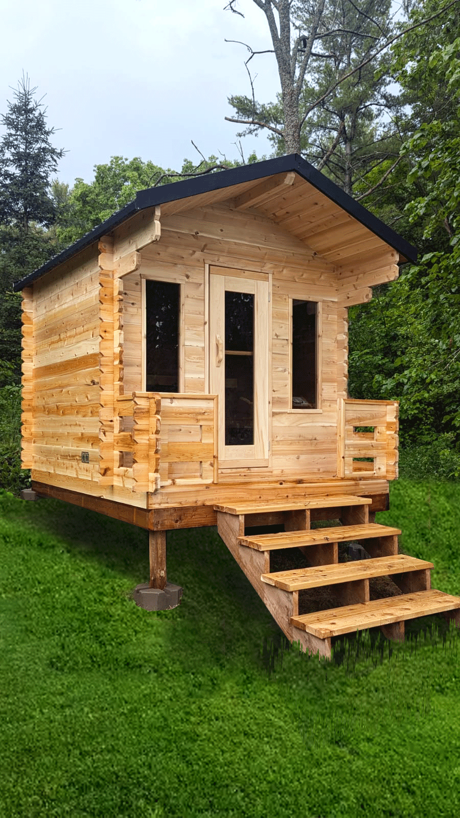 CT Georgian Cabin Sauna with Porch (CTC88E) — 8'x8' Eastern White Cedar Outdoor Sauna Kit with HUUM Hive 9 kW Wi‑Fi Heater, Metal Shingle Roof & Saunalumin Double Bench Light