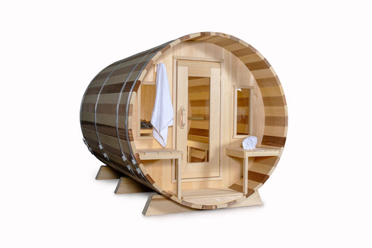 CT Tranquility Barrel Sauna (CTC2345E) — Eastern White Cedar Outdoor Barrel Sauna with 45 cm Porch, HUUM Hive 6 kW Wi‑Fi Heater & Saunalumin Double Bench Lights (360 ft³)