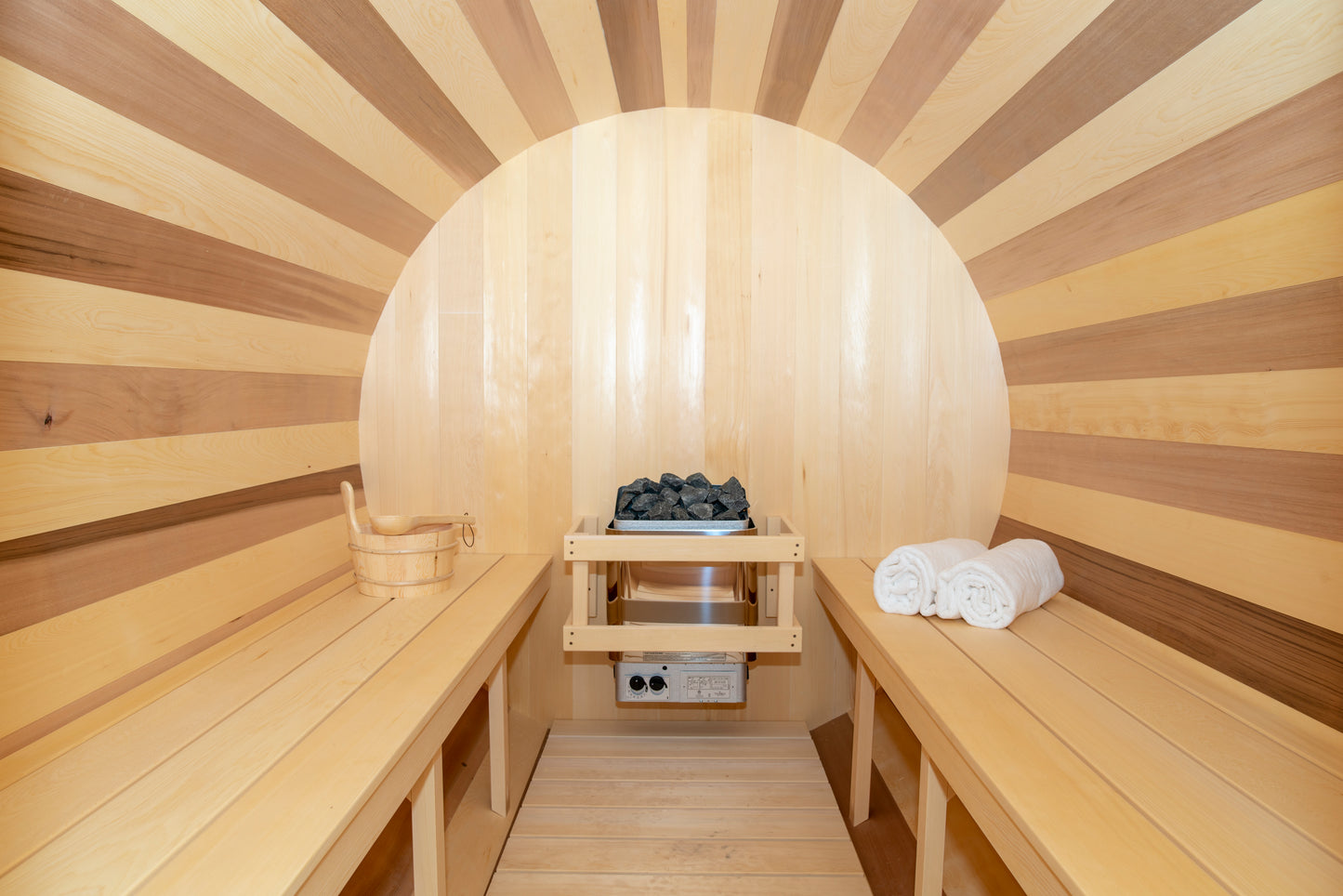 CT Tranquility Barrel Sauna (CTC2345E) — Eastern White Cedar Outdoor Barrel Sauna with 45 cm Porch, HUUM Hive 6 kW Wi‑Fi Heater & Saunalumin Double Bench Lights (360 ft³)
