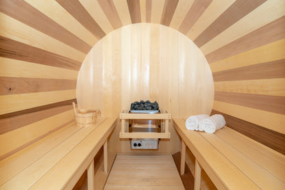 CT Tranquility Barrel Sauna (CTC2345E) — Eastern White Cedar Outdoor Barrel Sauna with 45 cm Porch, HUUM Hive 6 kW Wi‑Fi Heater & Saunalumin Double Bench Lights (360 ft³)
