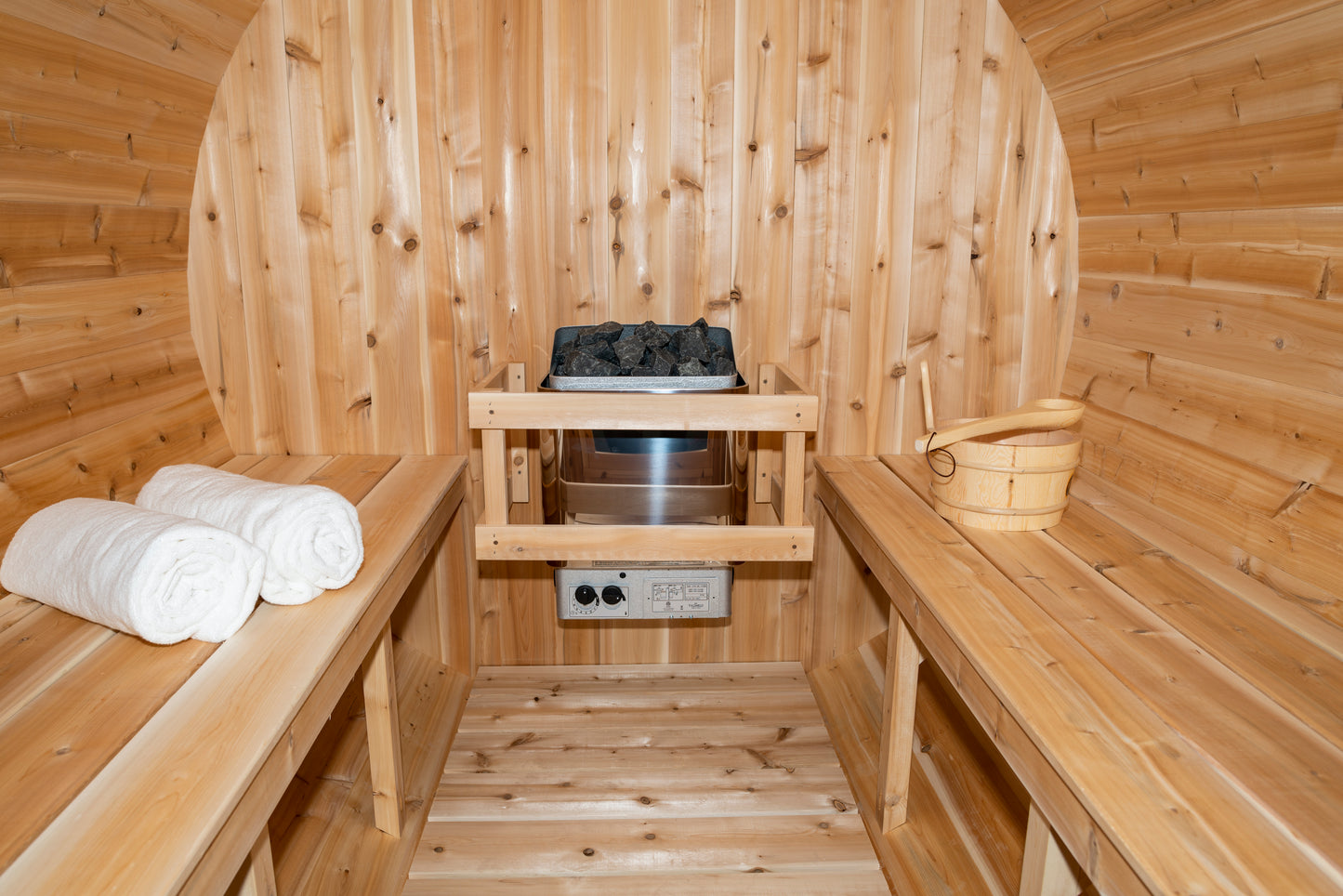 CT Serenity Barrel Sauna (CTC2245E) — Eastern White Cedar Outdoor Barrel Sauna, 285 ft³, Seats 3–4 | HUUM Hive 6 kW Wi‑Fi Heater & Saunalumin Double Bench Lights