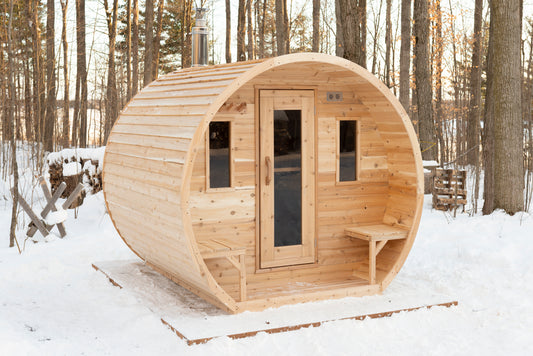CT Elation Barrel Sauna (CTC2424E) — Eastern White Cedar Outdoor Barrel Sauna Kit with Flat Wood Floor, HUUM Hive 9 kW Wi‑Fi Heater & Saunalumin Double Bench Light (277 ft³)