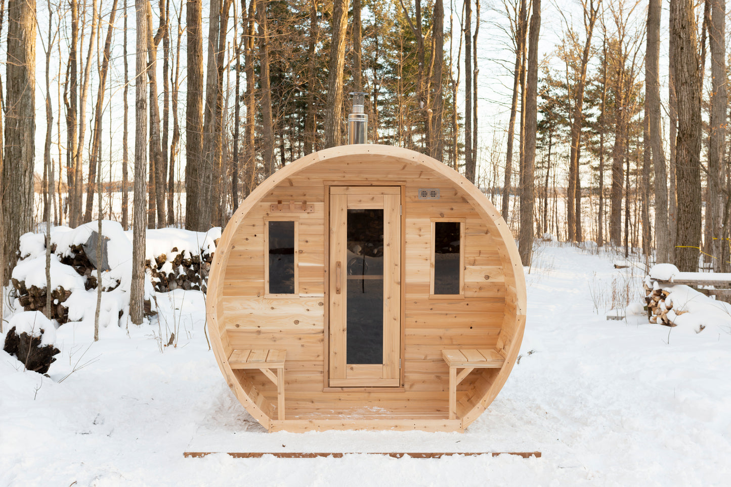 CT Elation Barrel Sauna (CTC2424E) — Eastern White Cedar Outdoor Barrel Sauna Kit with Flat Wood Floor, HUUM Hive 9 kW Wi‑Fi Heater & Saunalumin Double Bench Light (277 ft³)