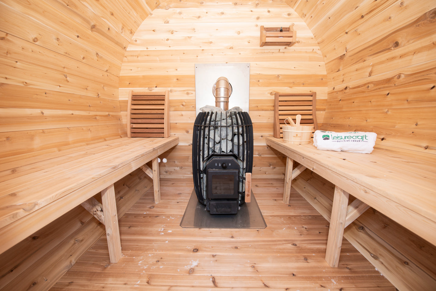 CT Elation Barrel Sauna (CTC2424E) — Eastern White Cedar Outdoor Barrel Sauna Kit with Flat Wood Floor, HUUM Hive 9 kW Wi‑Fi Heater & Saunalumin Double Bench Light (277 ft³)