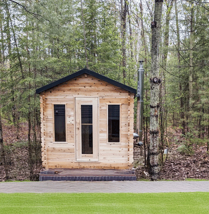 CT Georgian Cabin Sauna (CTC88E) — 8'x8' Eastern White Cedar Outdoor Sauna Kit with HUUM Hive 9 kW Wi‑Fi Heater, Saunalumin Double Bench Lighting & Metal Shingle Roof (343 ft³)