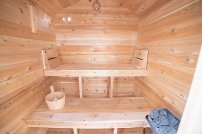CT Granby Cabin Sauna (CTC66E)-  Eastern White Cedar Outdoor Barrel Sauna Kit with Flat Wood Floor, HUUM Hive 6 kW Wi‑Fi Heater & Saunalumin Double Bench Light- 141 ft³
