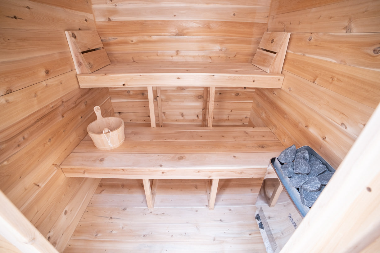 CT Granby Cabin Sauna (CTC66E)-  Eastern White Cedar Outdoor Barrel Sauna Kit with Flat Wood Floor, HUUM Hive 6 kW Wi‑Fi Heater & Saunalumin Double Bench Light- 141 ft³