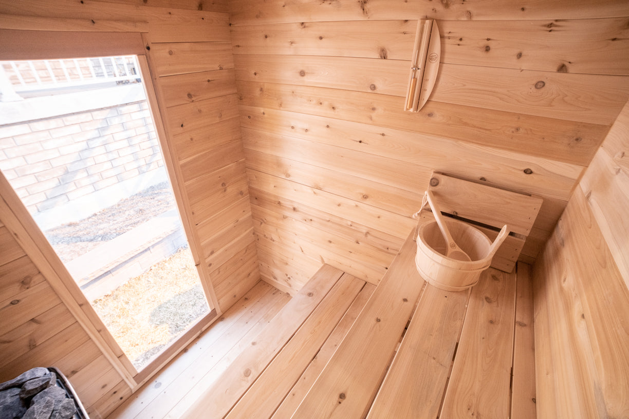 CT Granby Cabin Sauna (CTC66E)-  Eastern White Cedar Outdoor Barrel Sauna Kit with Flat Wood Floor, HUUM Hive 6 kW Wi‑Fi Heater & Saunalumin Double Bench Light- 141 ft³