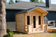 CT Georgian Cabin Sauna with Porch (CTC88E) — 8'x8' Eastern White Cedar Outdoor Sauna Kit with HUUM Hive 9 kW Wi‑Fi Heater, Metal Shingle Roof & Saunalumin Double Bench Light