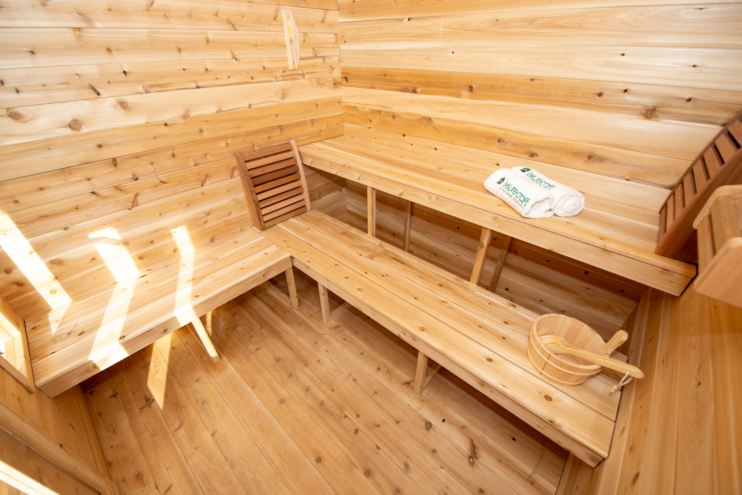 CT Georgian Cabin Sauna with Porch (CTC88E) — 8'x8' Eastern White Cedar Outdoor Sauna Kit with HUUM Hive 9 kW Wi‑Fi Heater, Metal Shingle Roof & Saunalumin Double Bench Light