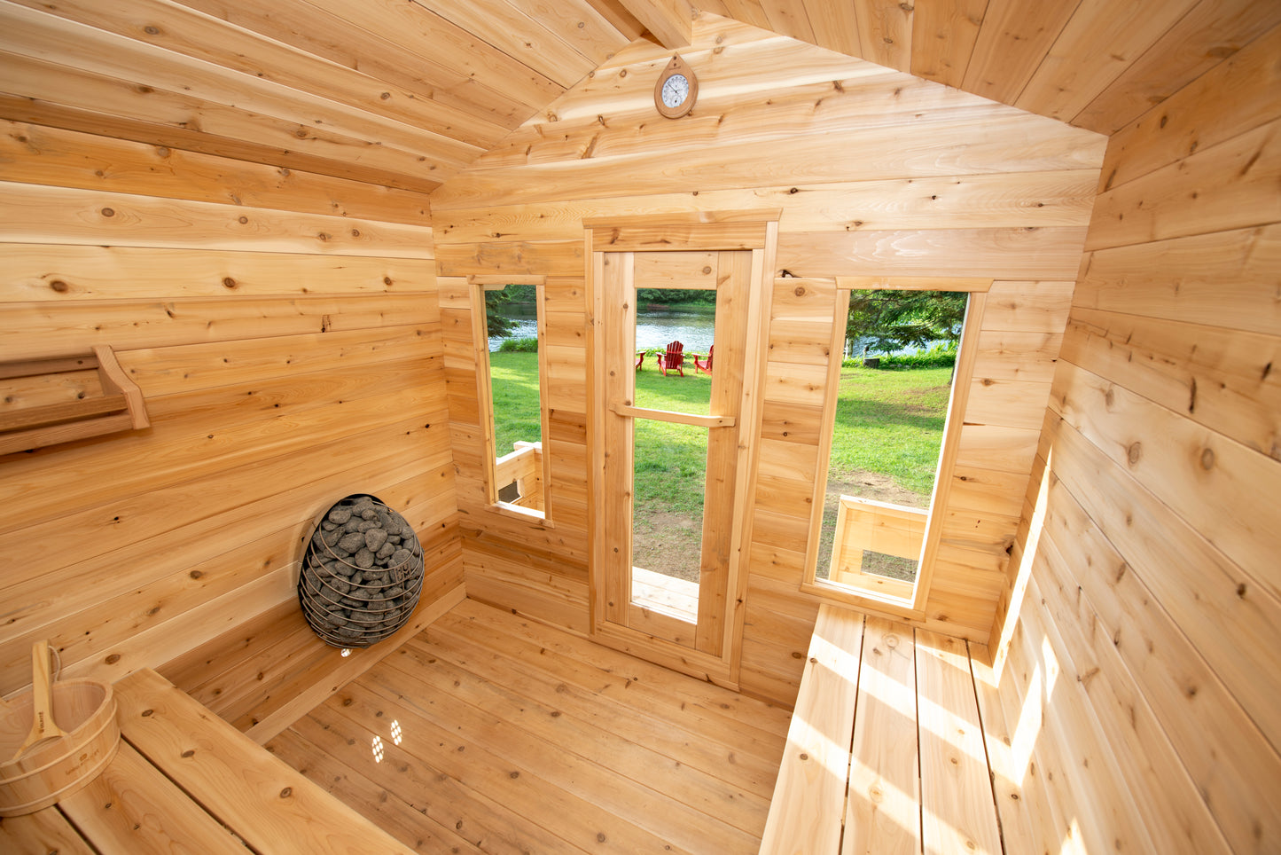 CT Georgian Cabin Sauna with Porch (CTC88E) — 8'x8' Eastern White Cedar Outdoor Sauna Kit with HUUM Hive 9 kW Wi‑Fi Heater, Metal Shingle Roof & Saunalumin Double Bench Light