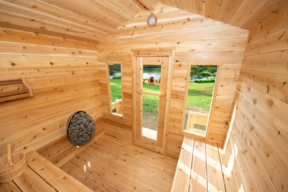 CT Georgian Cabin Sauna with Porch (CTC88E) — 8'x8' Eastern White Cedar Outdoor Sauna Kit with HUUM Hive 9 kW Wi‑Fi Heater, Metal Shingle Roof & Saunalumin Double Bench Light