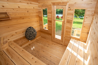 CT Georgian Cabin Sauna with Porch (CTC88E) — 8'x8' Eastern White Cedar Outdoor Sauna Kit with HUUM Hive 9 kW Wi‑Fi Heater, Metal Shingle Roof & Saunalumin Double Bench Light