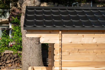 CT Georgian Cabin Sauna with Porch (CTC88E) — 8'x8' Eastern White Cedar Outdoor Sauna Kit with HUUM Hive 9 kW Wi‑Fi Heater, Metal Shingle Roof & Saunalumin Double Bench Light