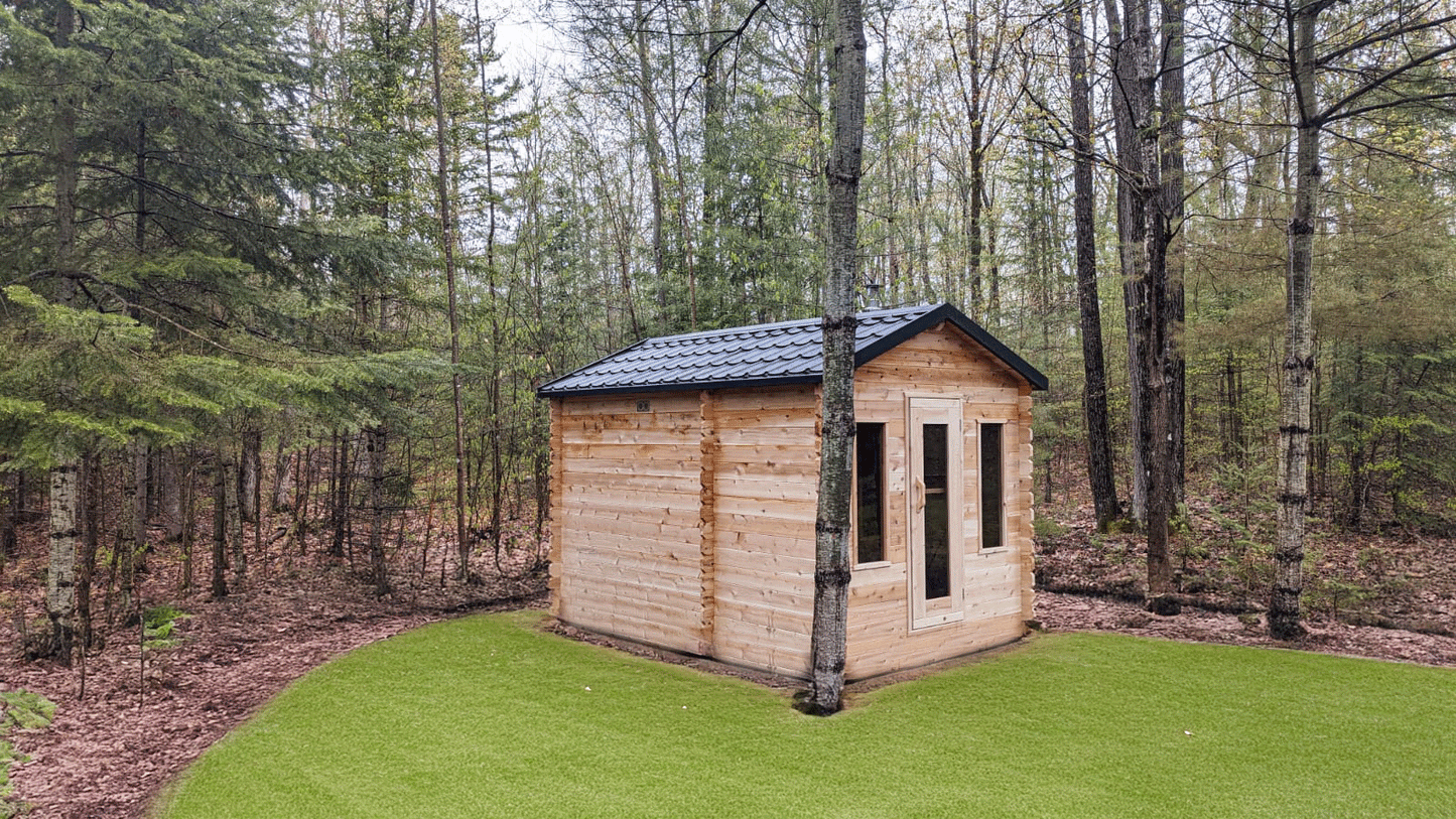 CT Georgian Cabin Sauna (CTC88E) — 8'x8' Eastern White Cedar Outdoor Sauna Kit with HUUM Hive 9 kW Wi‑Fi Heater, Saunalumin Double Bench Lighting & Metal Shingle Roof (343 ft³)