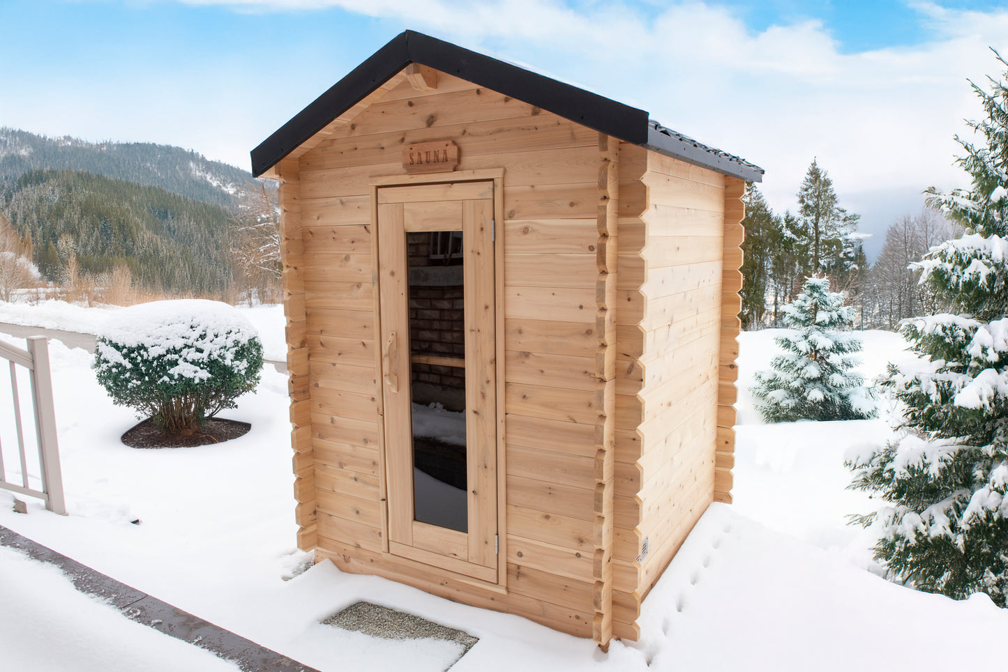 CT Granby Cabin Sauna (CTC66E)-  Eastern White Cedar Outdoor Barrel Sauna Kit with Flat Wood Floor, HUUM Hive 6 kW Wi‑Fi Heater & Saunalumin Double Bench Light- 141 ft³