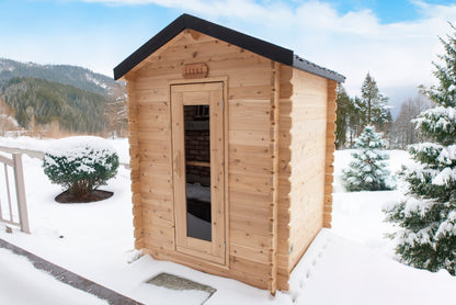 CT Granby Cabin Sauna (CTC66E)-  Eastern White Cedar Outdoor Barrel Sauna Kit with Flat Wood Floor, HUUM Hive 6 kW Wi‑Fi Heater & Saunalumin Double Bench Light- 141 ft³