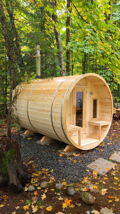 CT Tranquility Barrel Sauna (CTC2345E) — Eastern White Cedar Outdoor Barrel Sauna with 45 cm Porch, HUUM Hive 6 kW Wi‑Fi Heater & Saunalumin Double Bench Lights (360 ft³)