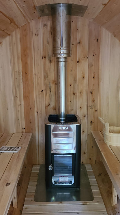 MP Tranquility Barrel Sauna (CTC2345MPE) — Eastern White Cedar Outdoor Barrel Sauna with 45 cm Porch, HUUM Hive 9 kW Wi‑Fi Heater & Saunalumin Double Bench Lights (360 ft³)