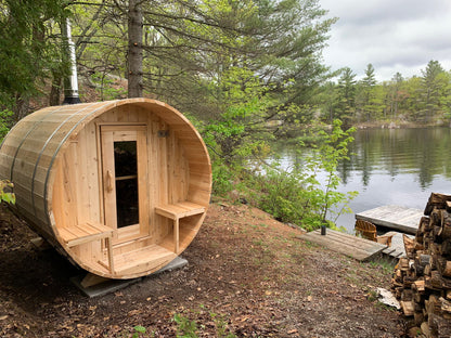 CT Serenity Barrel Sauna (CTC2245E) — Eastern White Cedar Outdoor Barrel Sauna, 285 ft³, Seats 3–4 | HUUM Hive 6 kW Wi‑Fi Heater & Saunalumin Double Bench Lights
