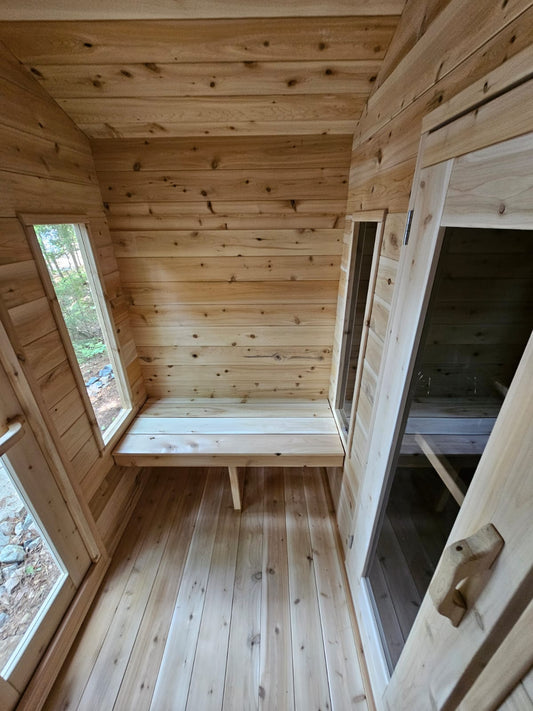 CT Georgian Cabin Sauna with Changeroom (CTC88CE) — 8'x8' Eastern White Cedar Outdoor Sauna Kit with HUUM Hive 9 kW Wi‑Fi Heater, Saunalumin Double Bench Lights & Metal Shingle Roof (343 ft³)