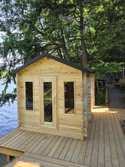 CT Georgian Cabin Sauna with Changeroom (CTC88CE) — 8'x8' Eastern White Cedar Outdoor Sauna Kit with HUUM Hive 9 kW Wi‑Fi Heater, Saunalumin Double Bench Lights & Metal Shingle Roof (343 ft³)