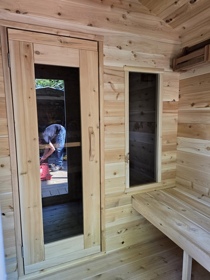 CT Georgian Cabin Sauna with Changeroom (CTC88CE) — 8'x8' Eastern White Cedar Outdoor Sauna Kit with HUUM Hive 9 kW Wi‑Fi Heater, Saunalumin Double Bench Lights & Metal Shingle Roof (343 ft³)
