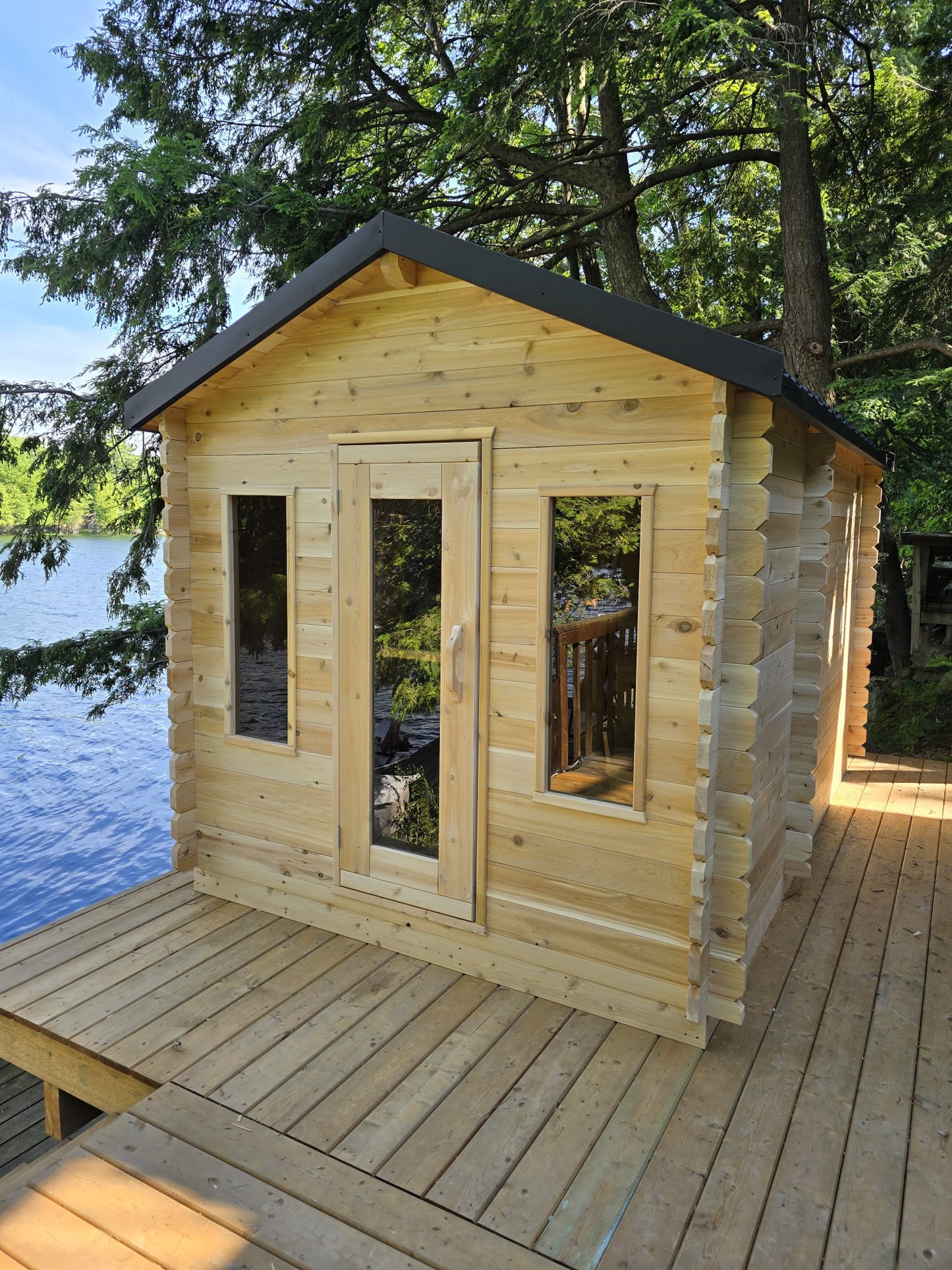 CT Georgian Cabin Sauna with Changeroom (CTC88CE) — 8'x8' Eastern White Cedar Outdoor Sauna Kit with HUUM Hive 9 kW Wi‑Fi Heater, Saunalumin Double Bench Lights & Metal Shingle Roof (343 ft³)