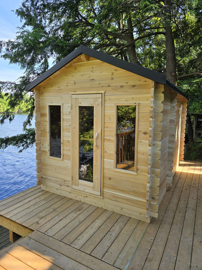CT Georgian Cabin Sauna with Changeroom (CTC88CE) — 8'x8' Eastern White Cedar Outdoor Sauna Kit with HUUM Hive 9 kW Wi‑Fi Heater, Saunalumin Double Bench Lights & Metal Shingle Roof (343 ft³)