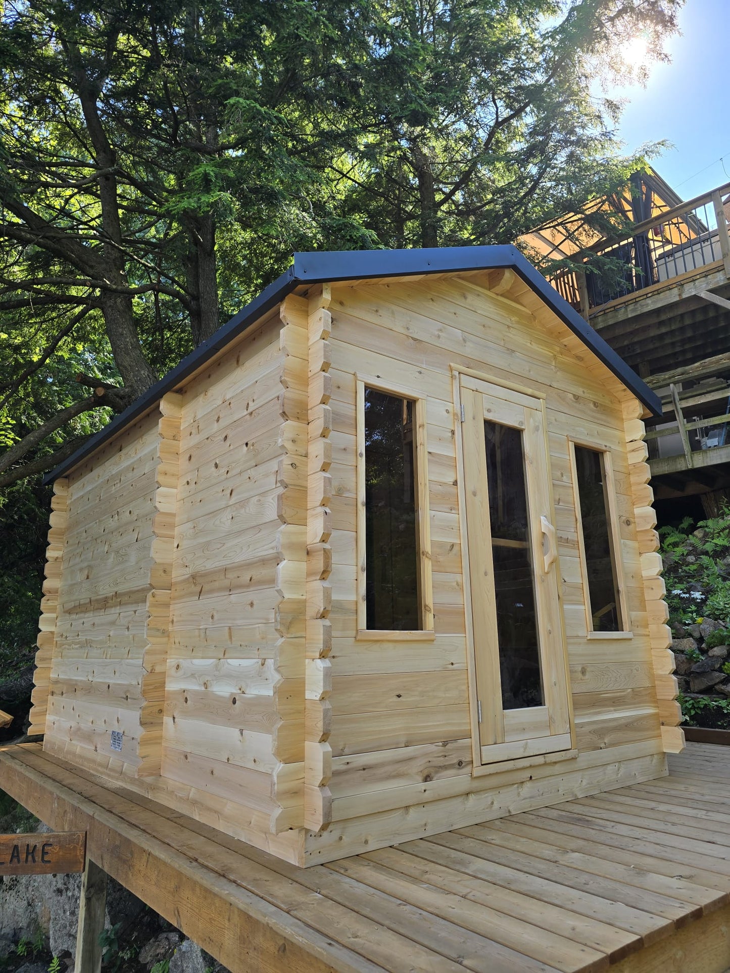 CT Georgian Cabin Sauna with Changeroom (CTC88CE) — 8'x8' Eastern White Cedar Outdoor Sauna Kit with HUUM Hive 9 kW Wi‑Fi Heater, Saunalumin Double Bench Lights & Metal Shingle Roof (343 ft³)