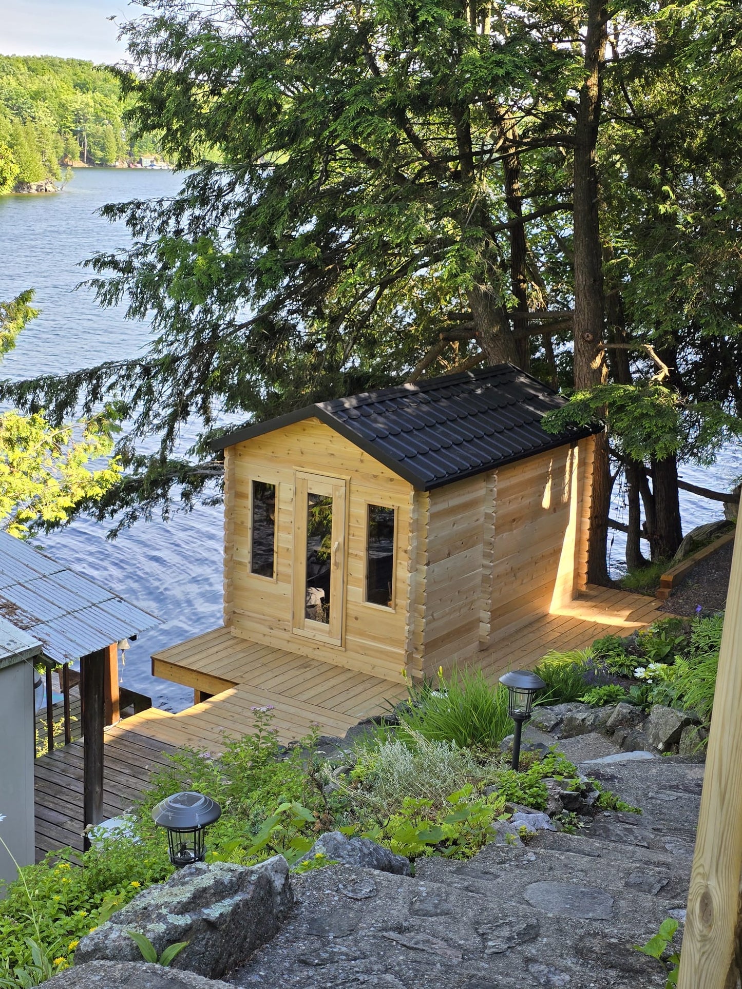 CT Georgian Cabin Sauna with Changeroom (CTC88CE) — 8'x8' Eastern White Cedar Outdoor Sauna Kit with HUUM Hive 9 kW Wi‑Fi Heater, Saunalumin Double Bench Lights & Metal Shingle Roof (343 ft³)