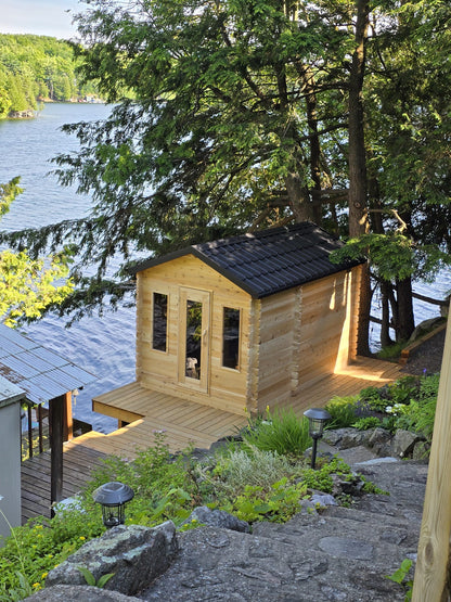 CT Georgian Cabin Sauna with Changeroom (CTC88CE) — 8'x8' Eastern White Cedar Outdoor Sauna Kit with HUUM Hive 9 kW Wi‑Fi Heater, Saunalumin Double Bench Lights & Metal Shingle Roof (343 ft³)