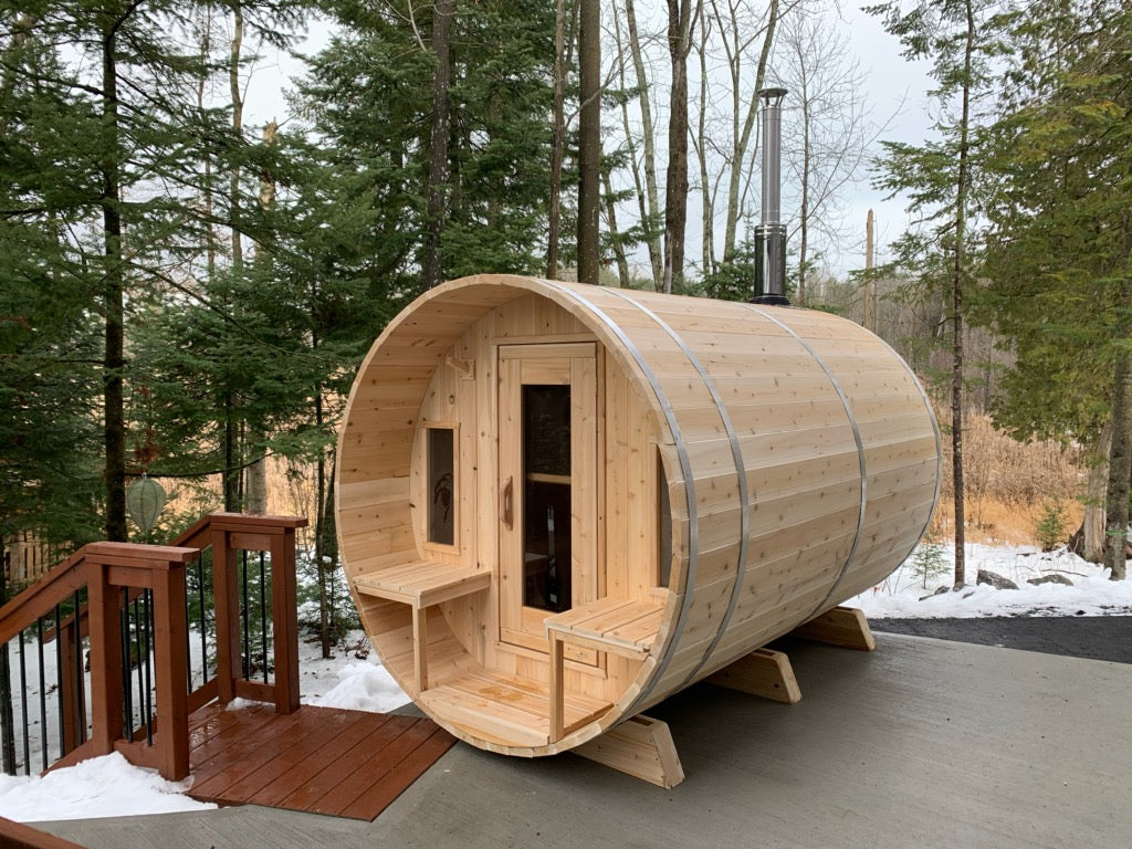 CT Tranquility Barrel Sauna (CTC2345E) — Eastern White Cedar Outdoor Barrel Sauna with 45 cm Porch, HUUM Hive 6 kW Wi‑Fi Heater & Saunalumin Double Bench Lights (360 ft³)