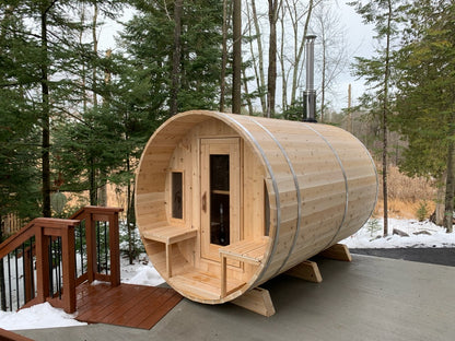 CT Tranquility Barrel Sauna (CTC2345E) — Eastern White Cedar Outdoor Barrel Sauna with 45 cm Porch, HUUM Hive 6 kW Wi‑Fi Heater & Saunalumin Double Bench Lights (360 ft³)
